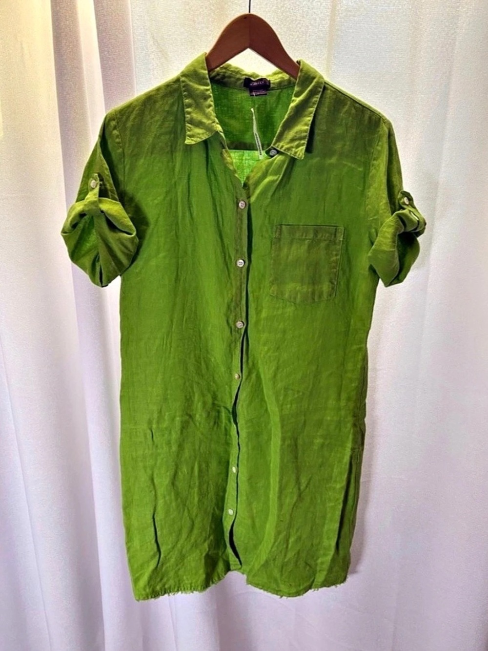 Pure Amici 100% Linen Lime Green Button Front Shirt Dress